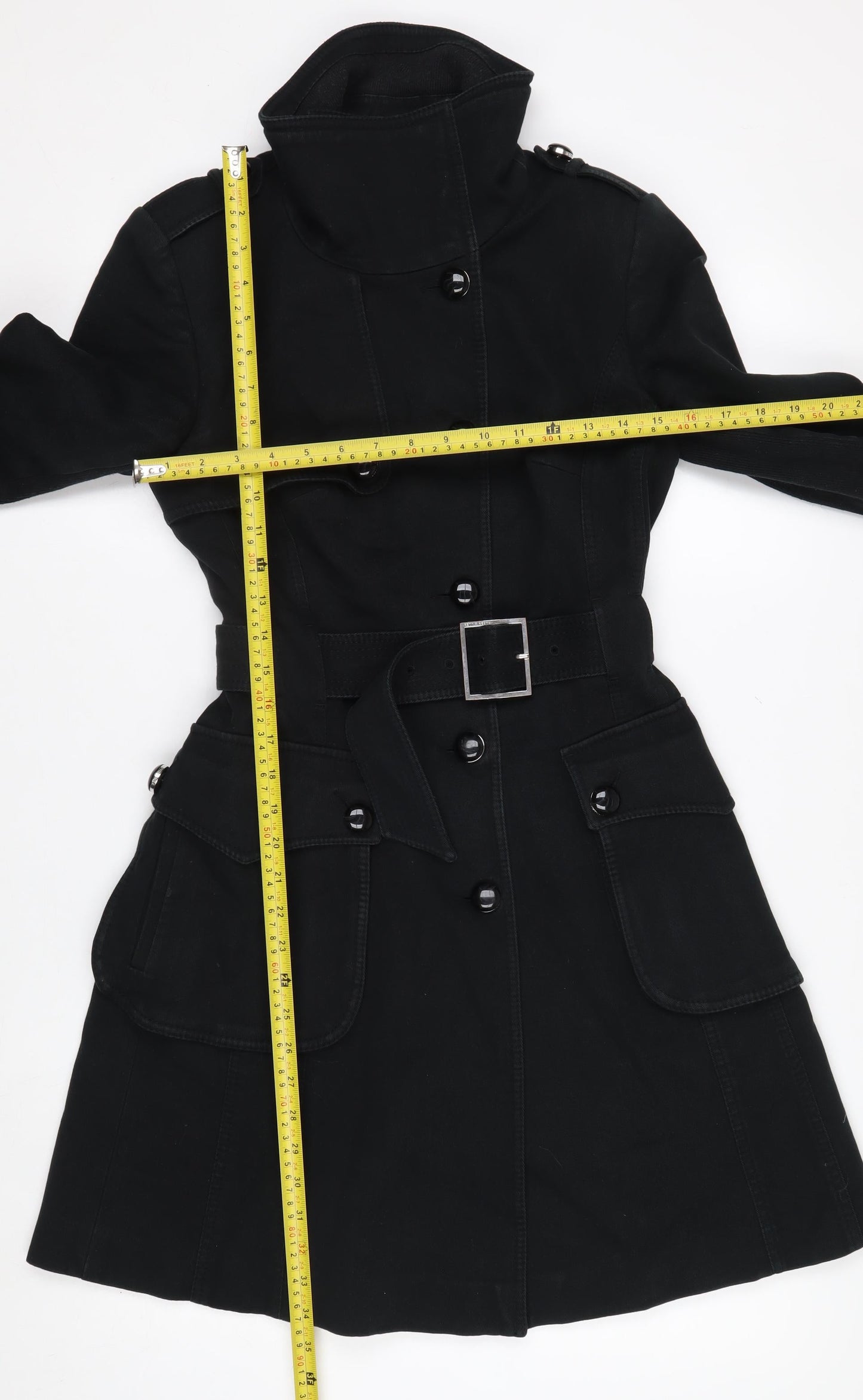 Karen Millen Women's Black Trench Coat Size 10 Belted Long Twill Jacket