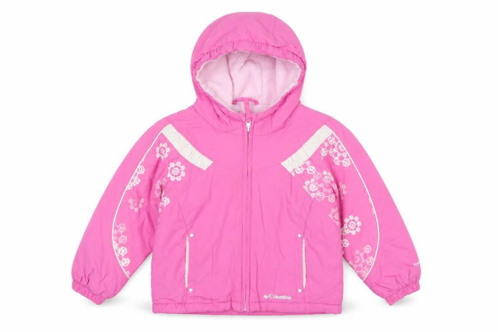 Front view of Columbia girls’ pink floral hooded winter puffer jacket 3 years waterproof