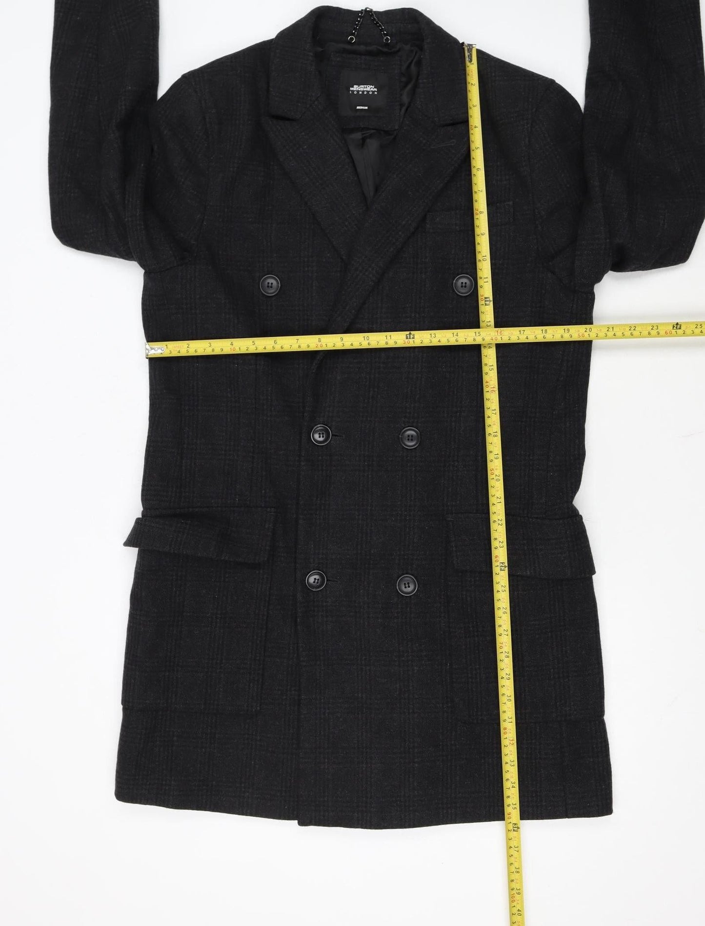 Burton Menswear London Men's Black Wool Blend Check Pea Coat Medium