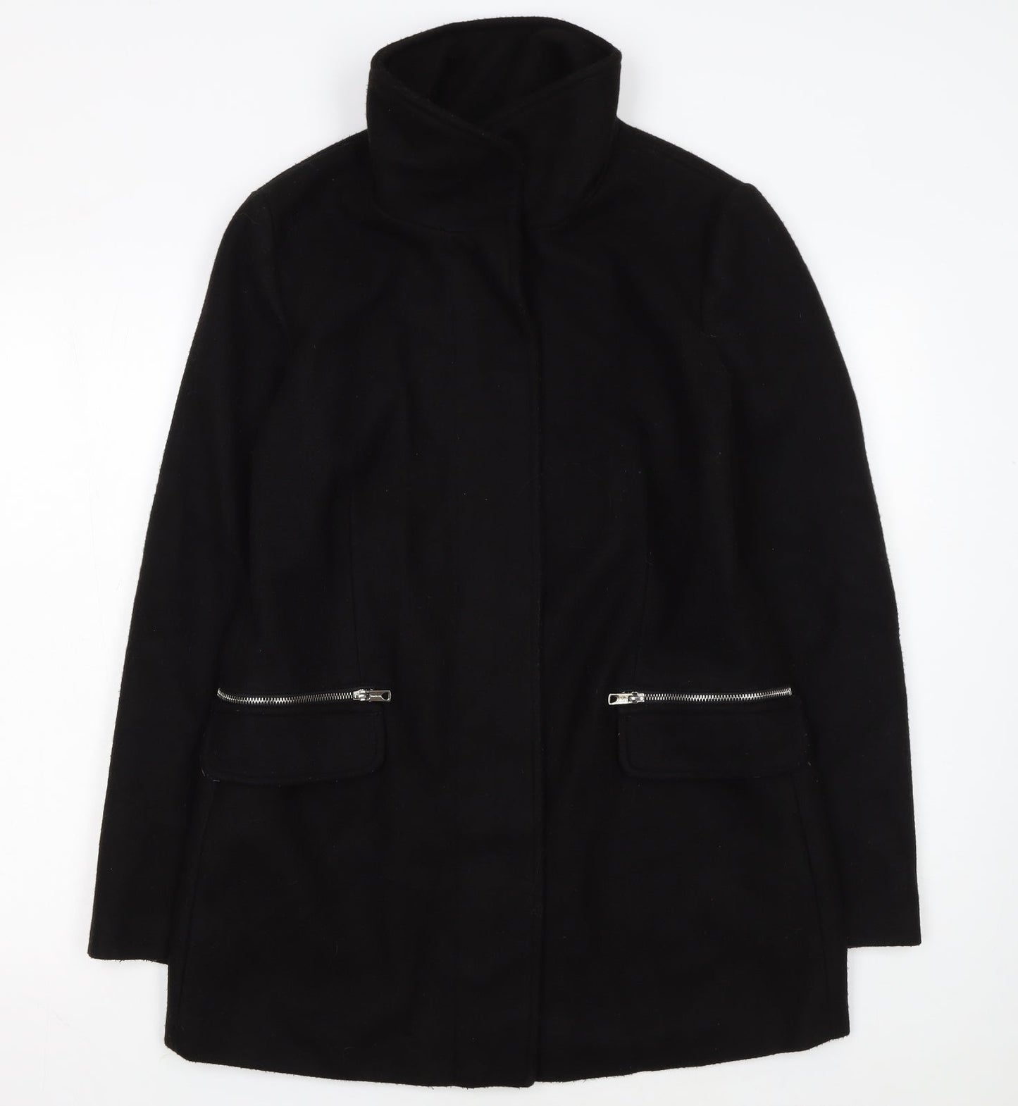 Bershka Women's Black Wool Blend Zip Pocket Mid-Length Coat Size 14