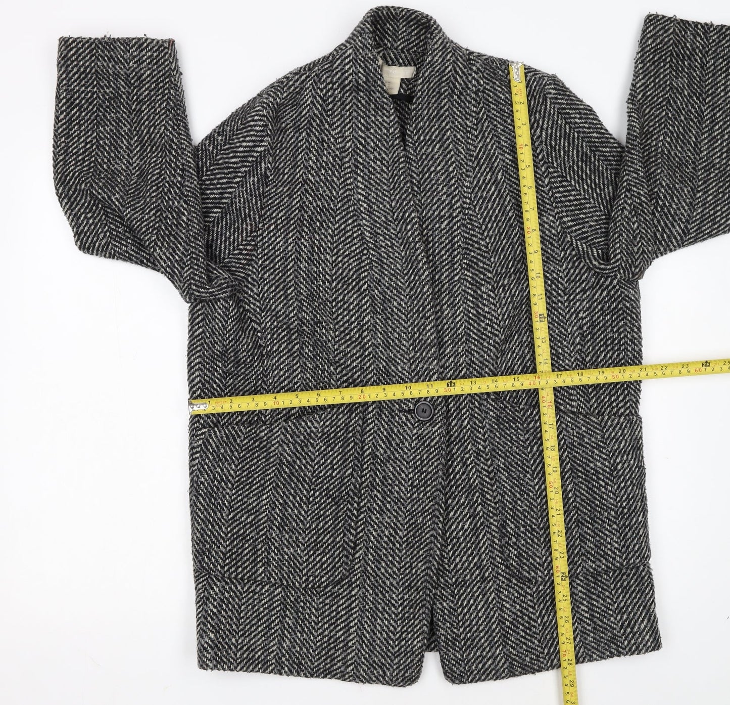 H&M Women Grey Herringbone Wool Blend Mid-Length Coat Size 12