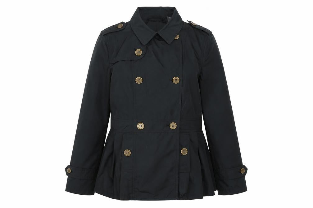 Front view of Anne Weyburn Women's Black Short Trench Coat, size 10, Lined Buttoned