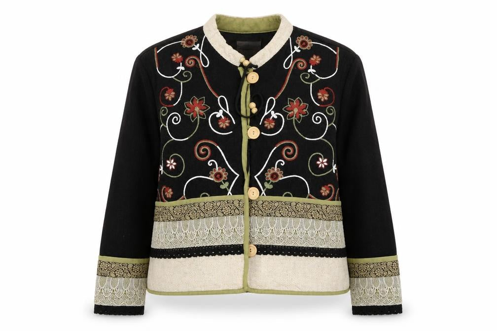 Coldwater Creek Women Black Floral Embroidered Cardigan Medium Linen Blend