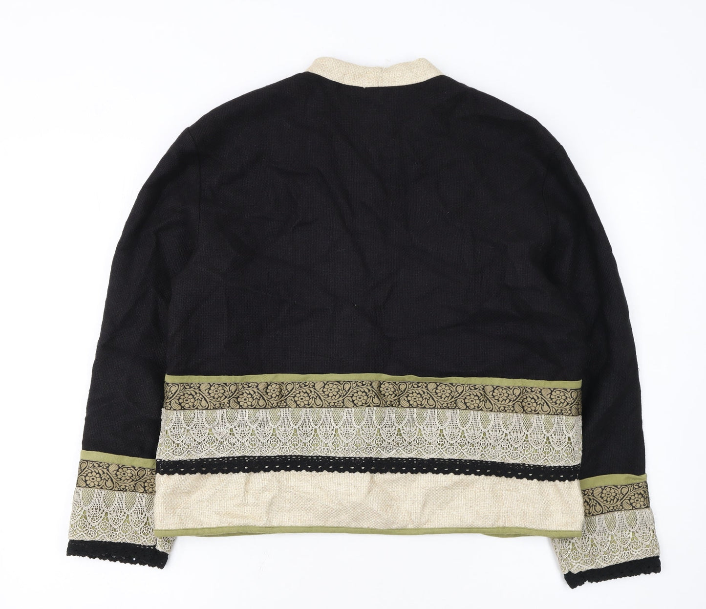 Coldwater Creek Women Black Floral Embroidered Cardigan Medium Linen Blend