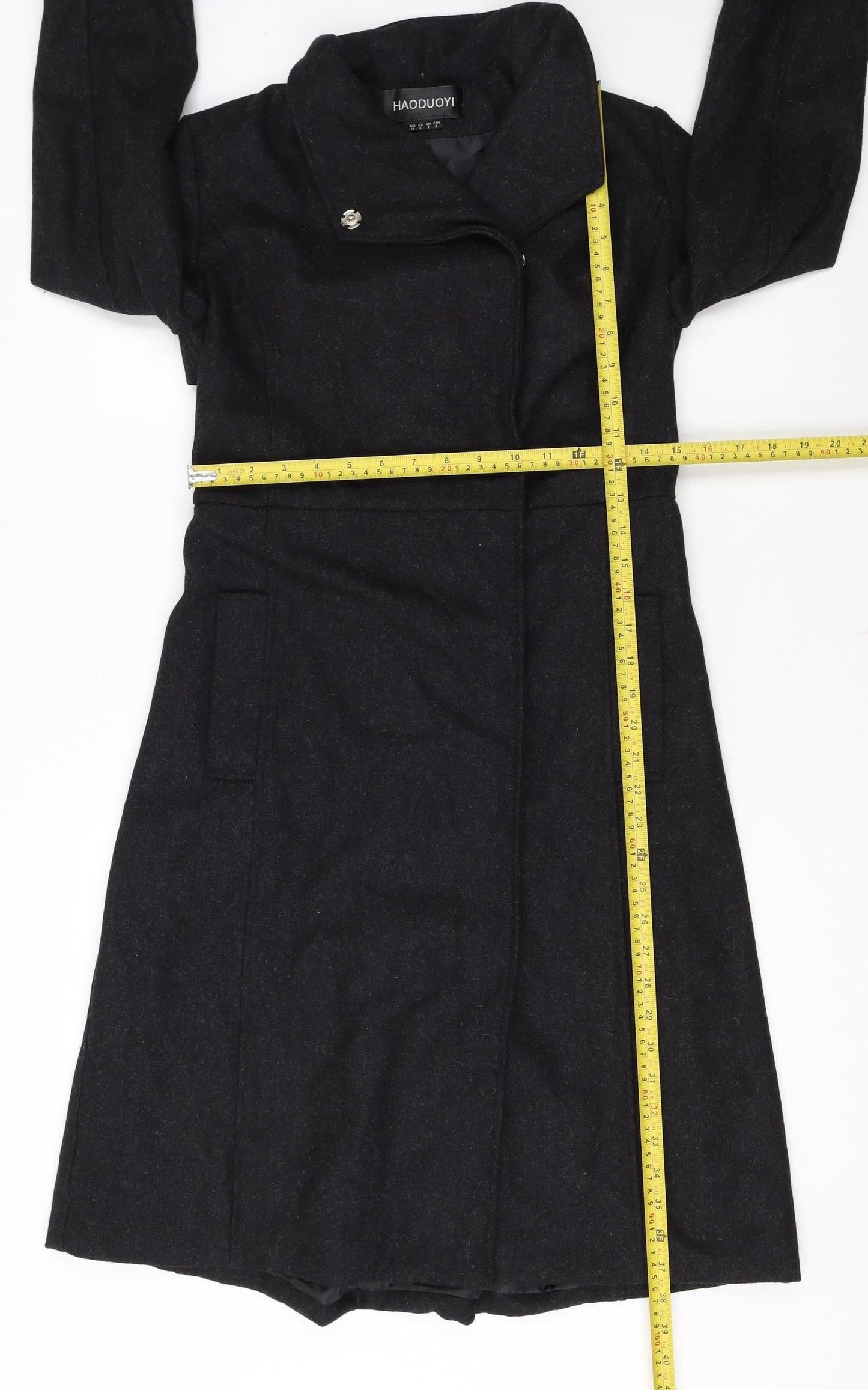HAODUOYI Women's Black Wool Blend Long Trench Coat Size 8
