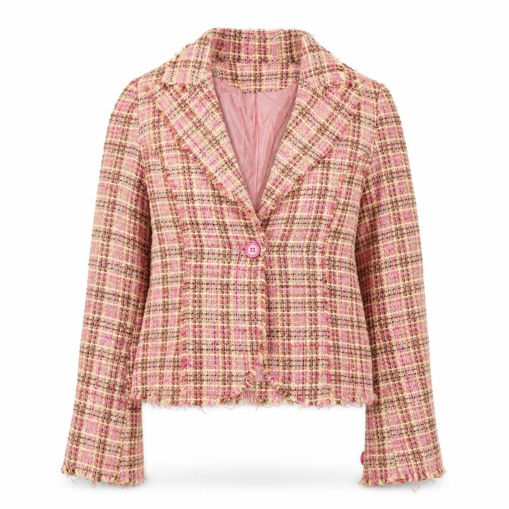 Costa Blanca Women’s Pink Check Tweed Wool Blend Cropped Blazer S