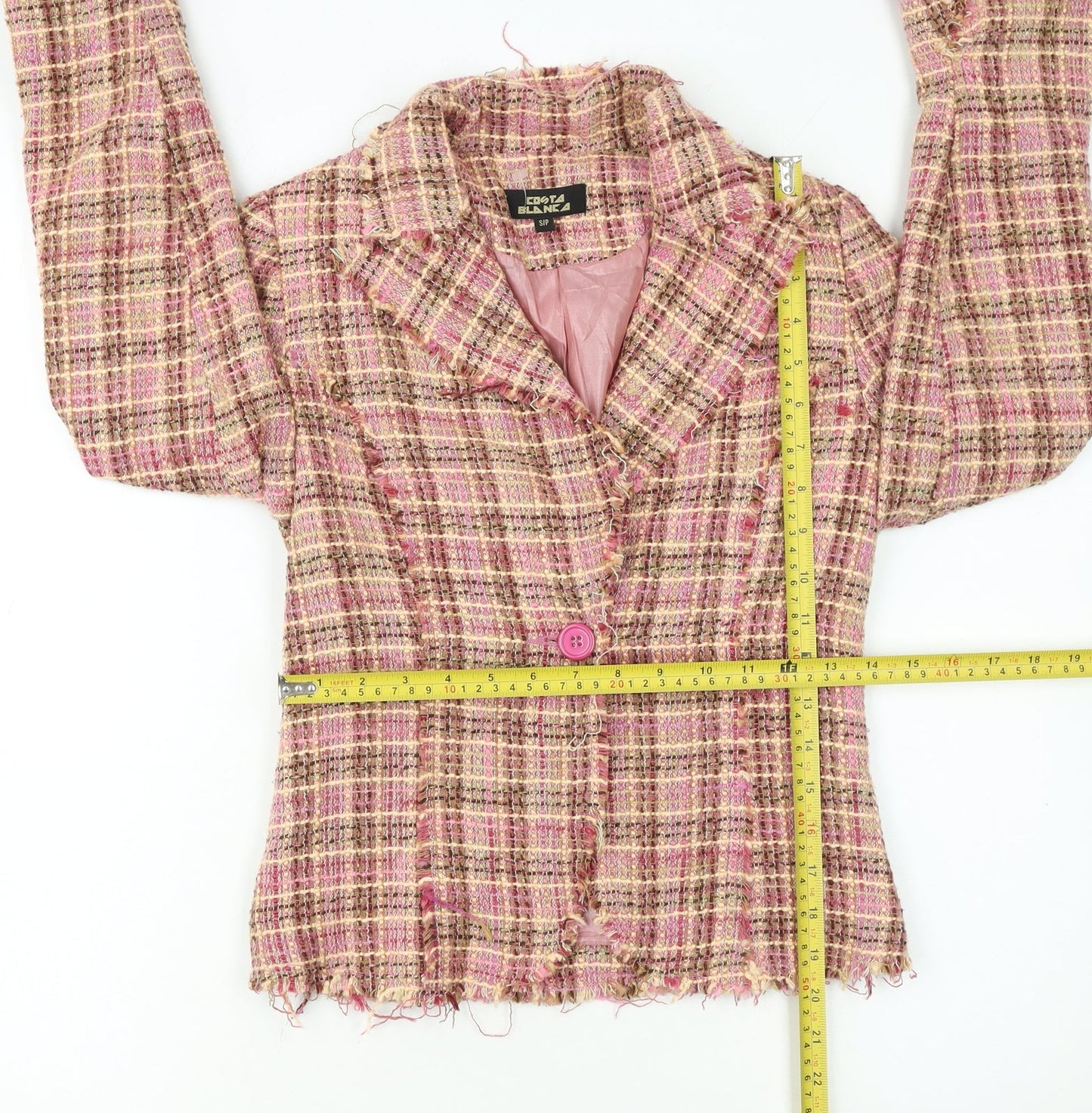 Costa Blanca Women’s Pink Check Tweed Wool Blend Cropped Blazer S