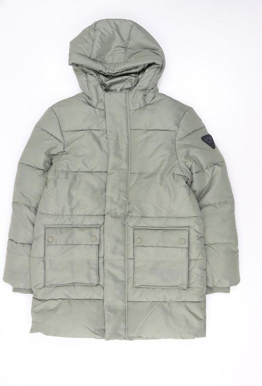 Marks and Spencer Boys Green Puffer Jacket 9-10 Years Hooded Mid-Length