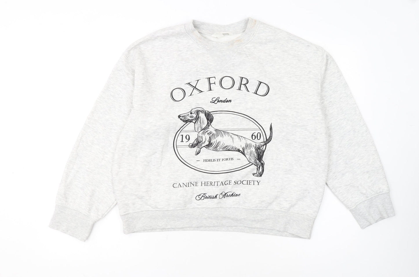 H&M Women Grey Oxford Dog Print Pullover Sweatshirt M