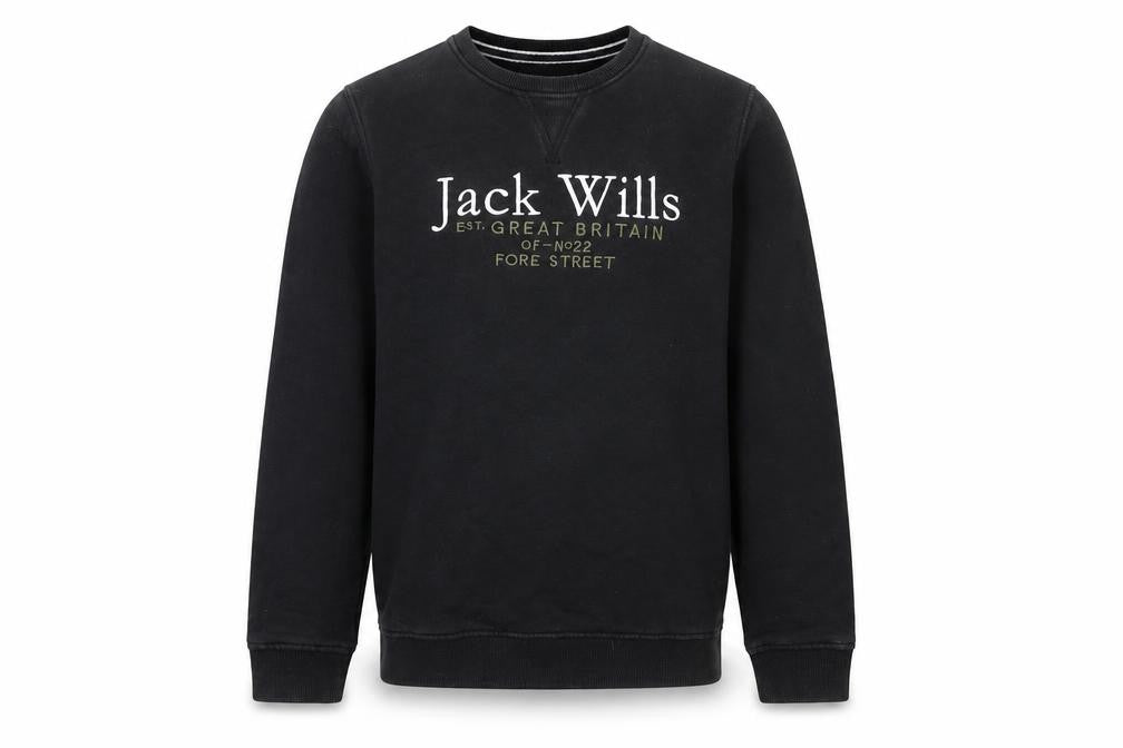 Front view of Jack Wills boys’ black crew neck pullover sweatshirt 12-13 years