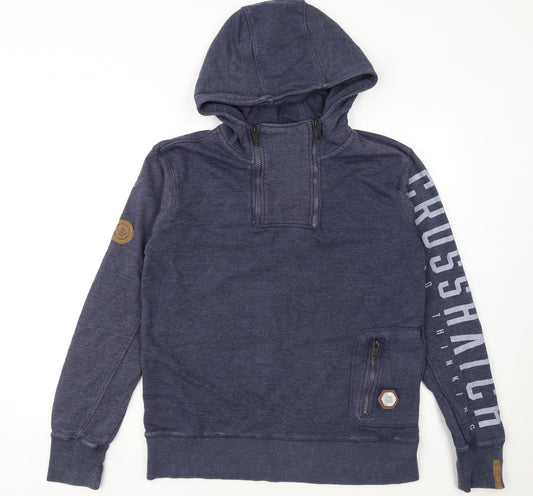 Crosshatch Men's Blue Pullover Hoodie Size M High Neck Zip Pocket Sweatshirt