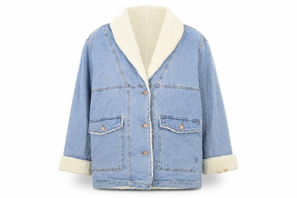 Front view of Ashley-Vintage Charm Women's Blue Denim Sherpa Lined Jacket M