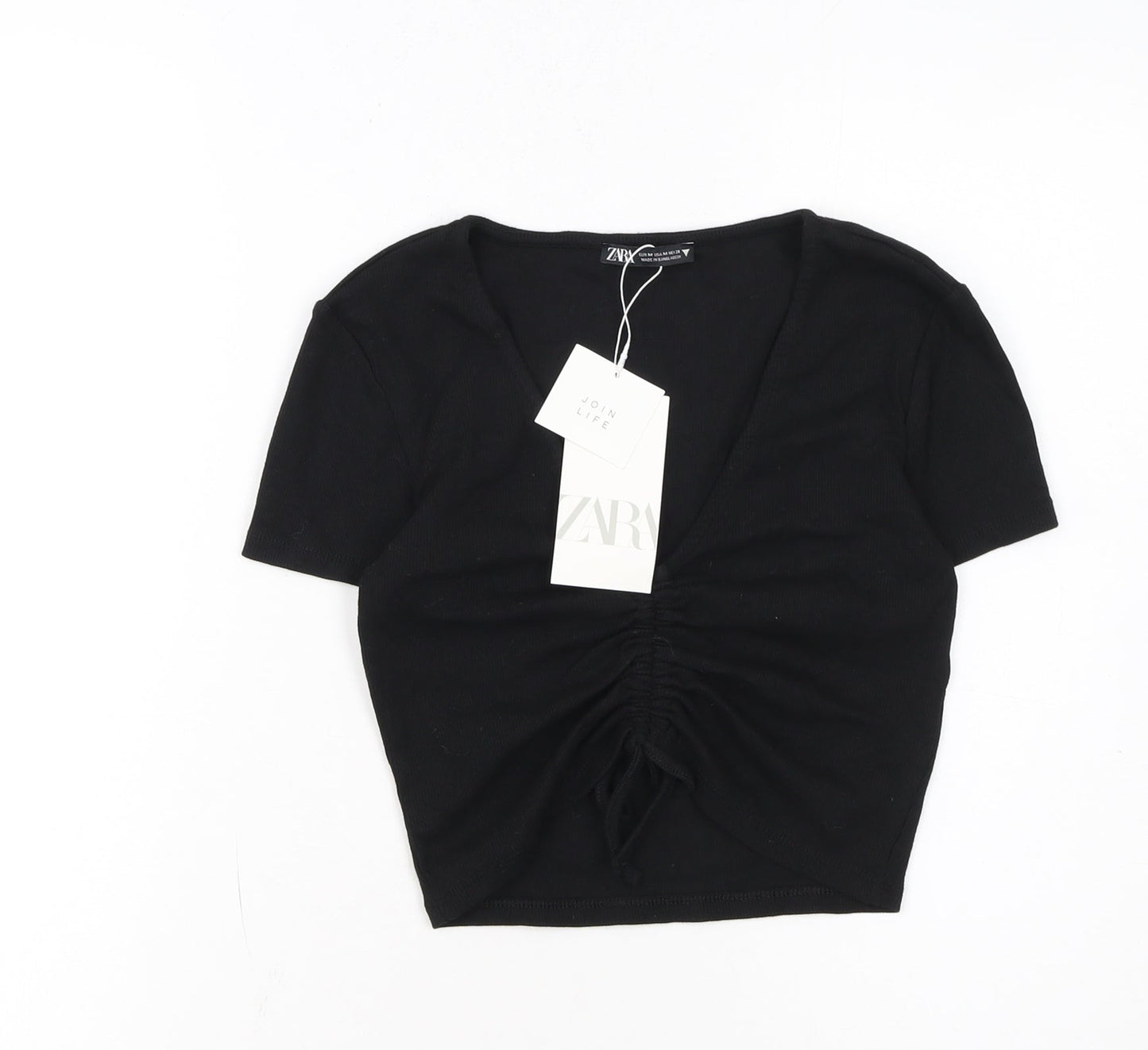 ZARA Womens Black Cropped V-Neck Ruched T-Shirt Size 12