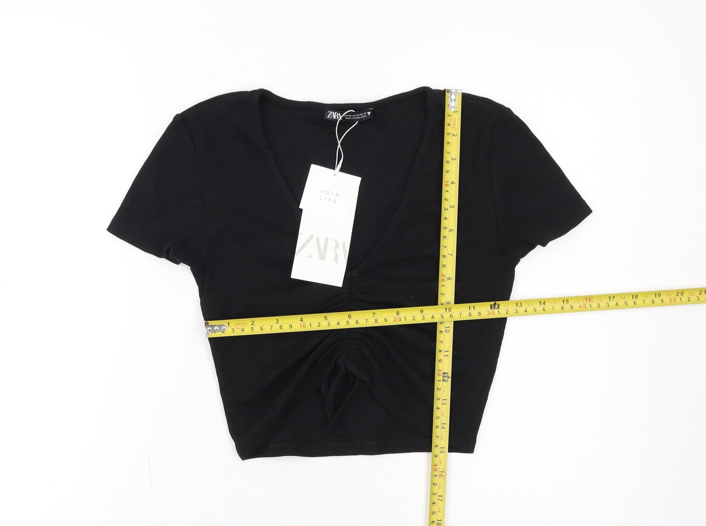ZARA Womens Black Cropped V-Neck Ruched T-Shirt Size 12