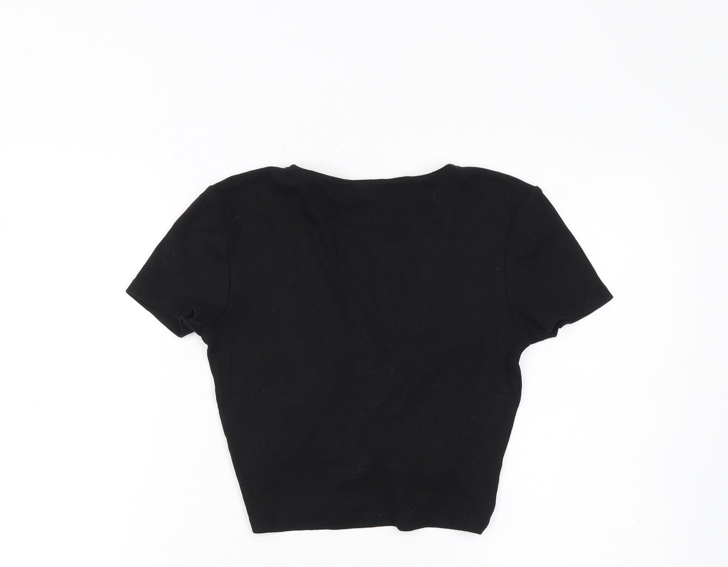 ZARA Womens Black Cropped V-Neck Ruched T-Shirt Size 12