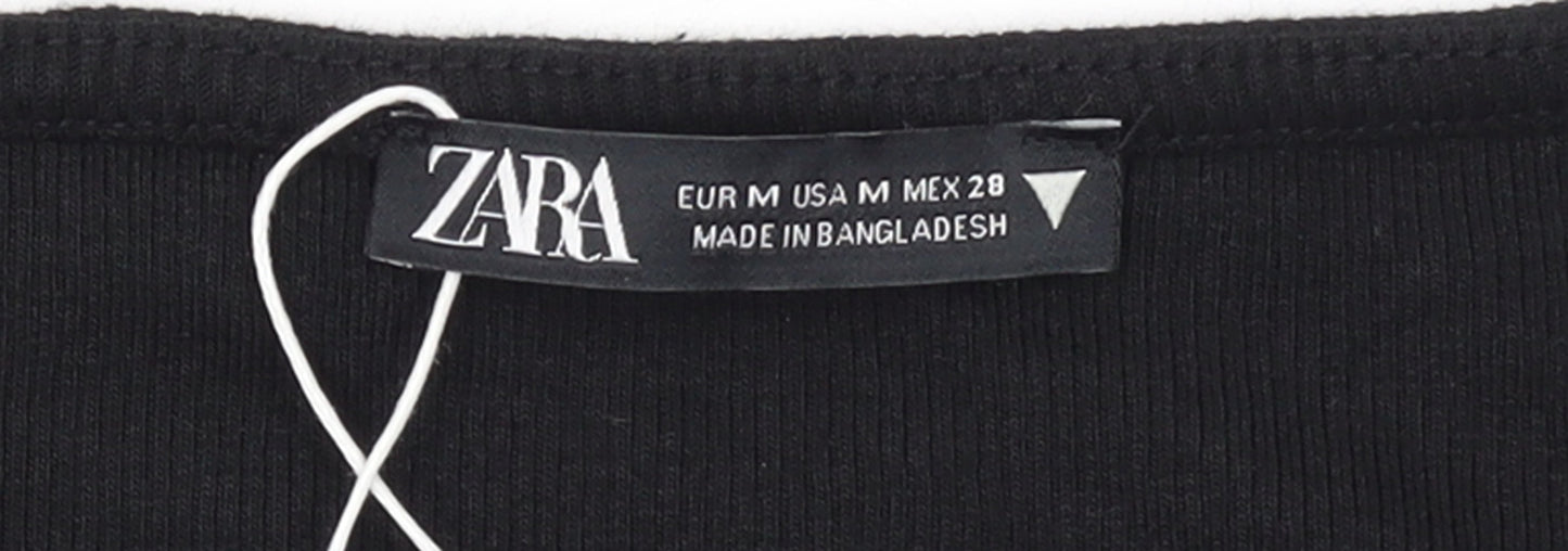ZARA Womens Black Cropped V-Neck Ruched T-Shirt Size 12