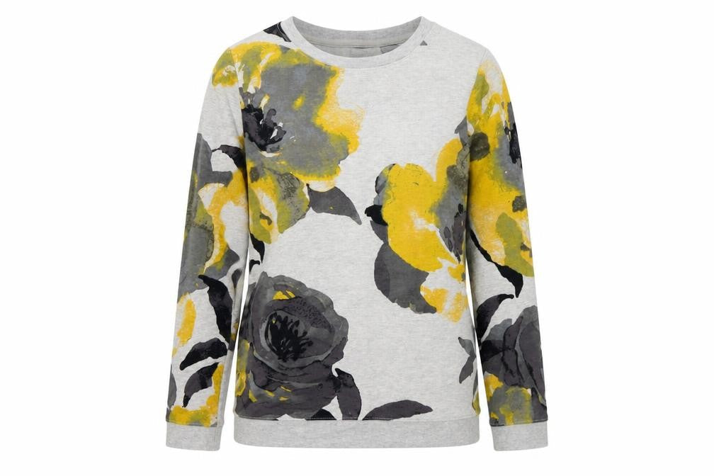 Front view of Denim & Co. Women’s Grey Floral Pullover Sweatshirt XS