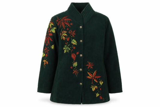 Bob Mackie Women Green Embroidered Floral Fleece Jacket M