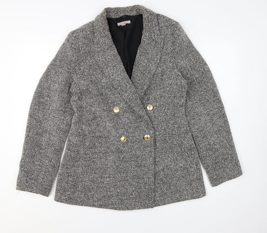 H&M Women Grey Double-Breasted Blazer Gold Buttons Size S