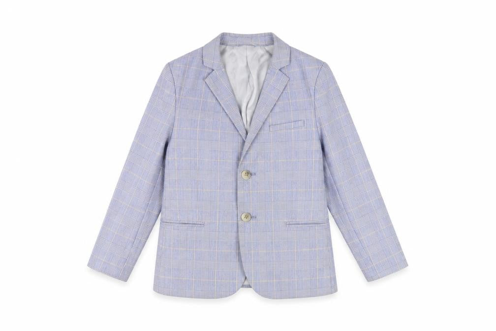 Front view of Marks & Spencer boys’ blue check blazer 6-7 years formal two-button jacket