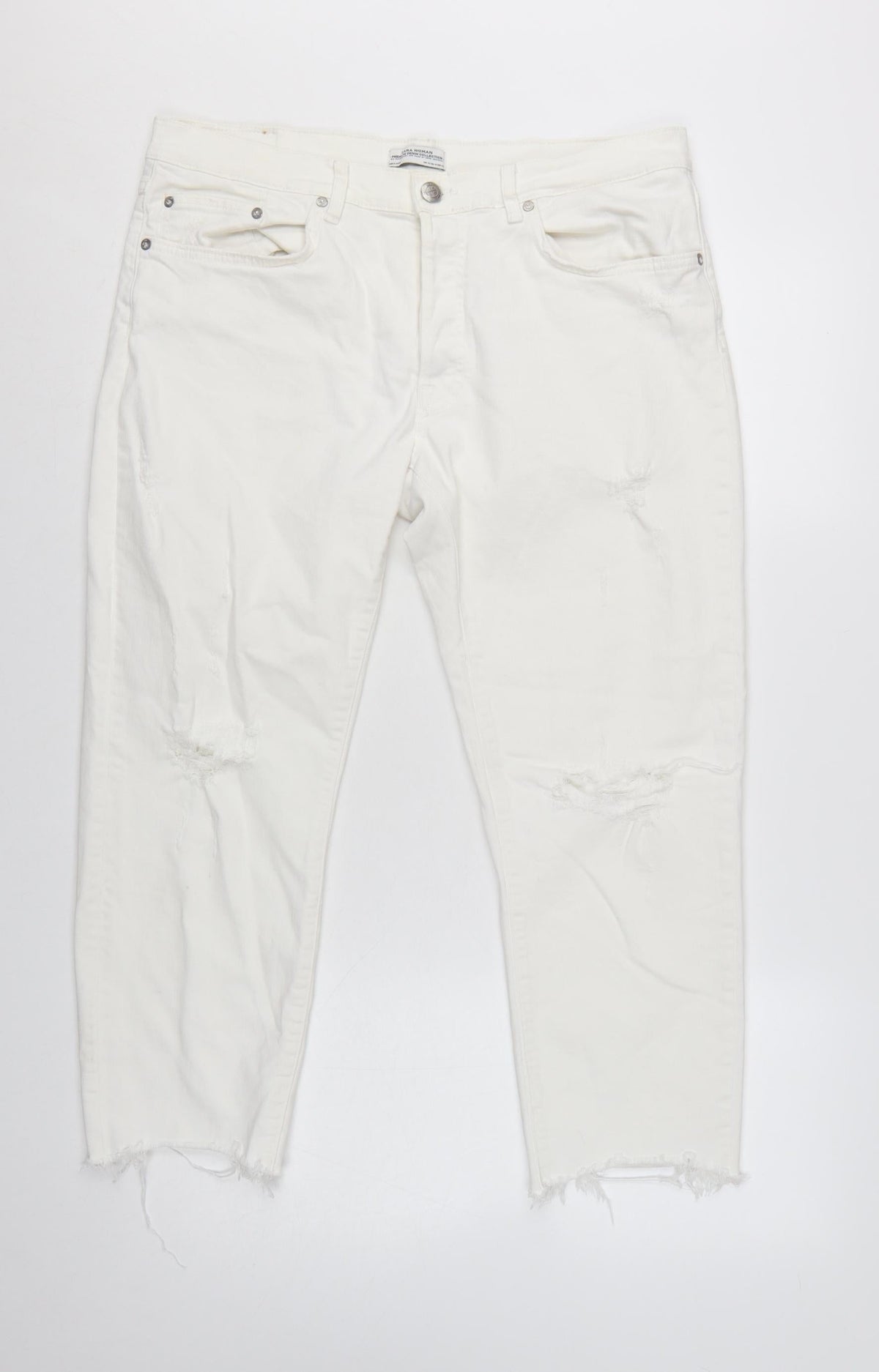Additional front view of Zara Woman White Distressed Boyfriend Jeans, size 14