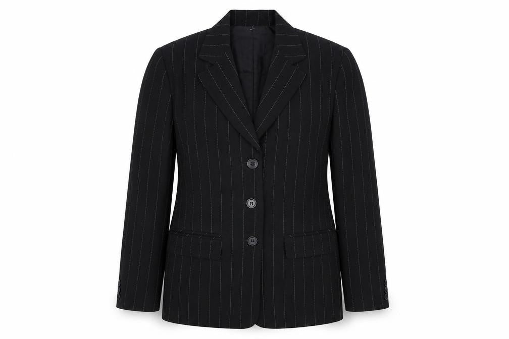 Front view of Talbots Petites Black Wool Pinstripe Blazer Jacket, size 2