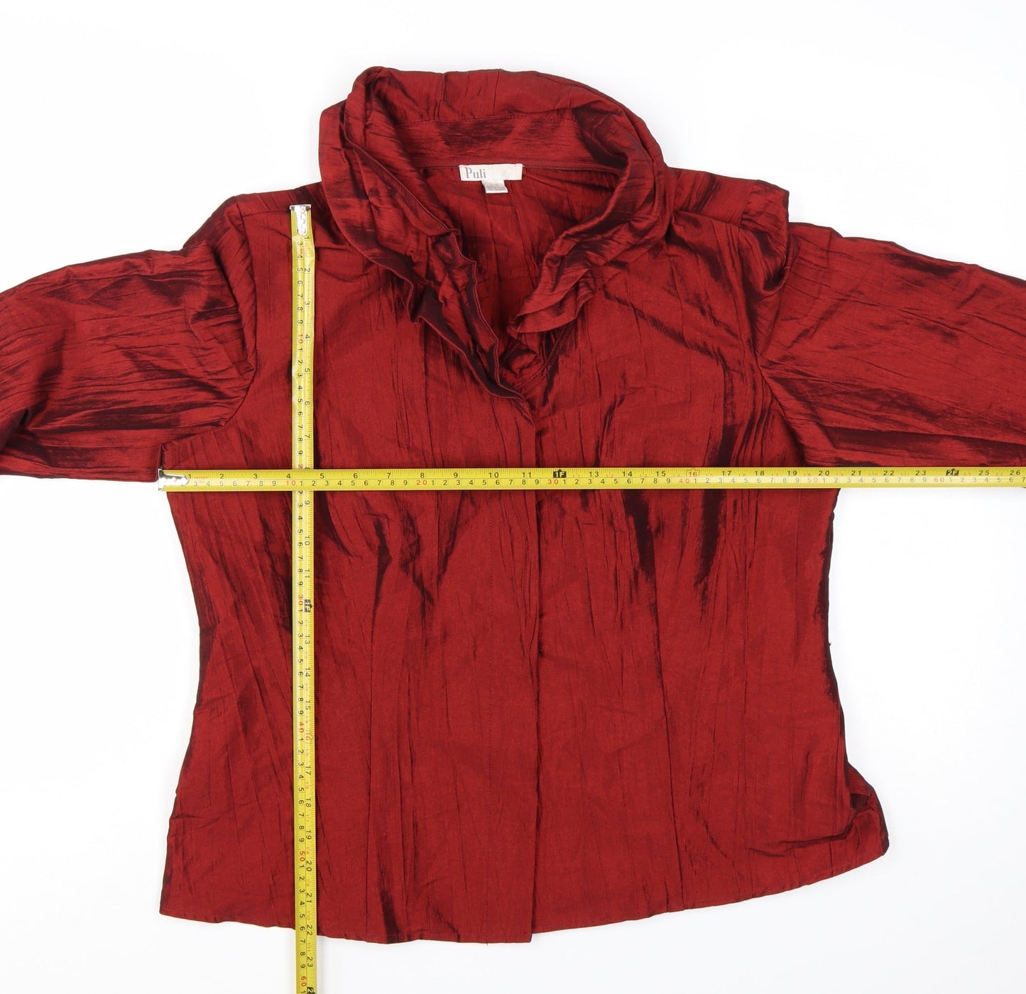 Puli Womens Red Suit Top L Ruffle Collar Satin Look Evening Blouse