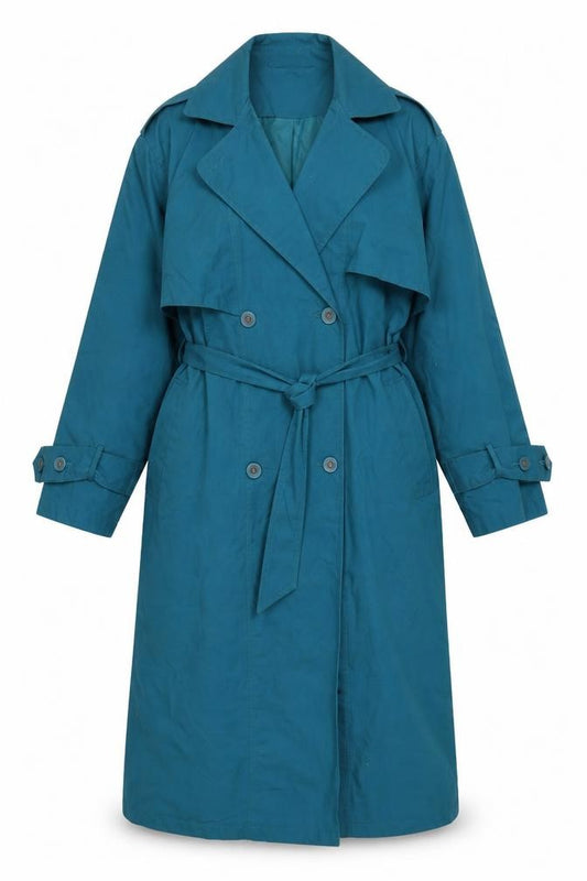 Sequence Women's Blue Trench Coat Size 12 Belted Long Cotton Blend