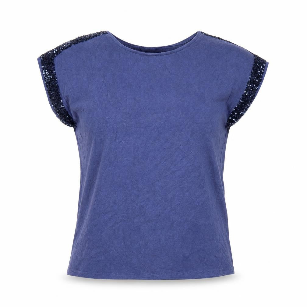 Front view of Nine by Savannah Miller Women's Blue Sequin Shoulder Cotton T-Shirt, size 8
