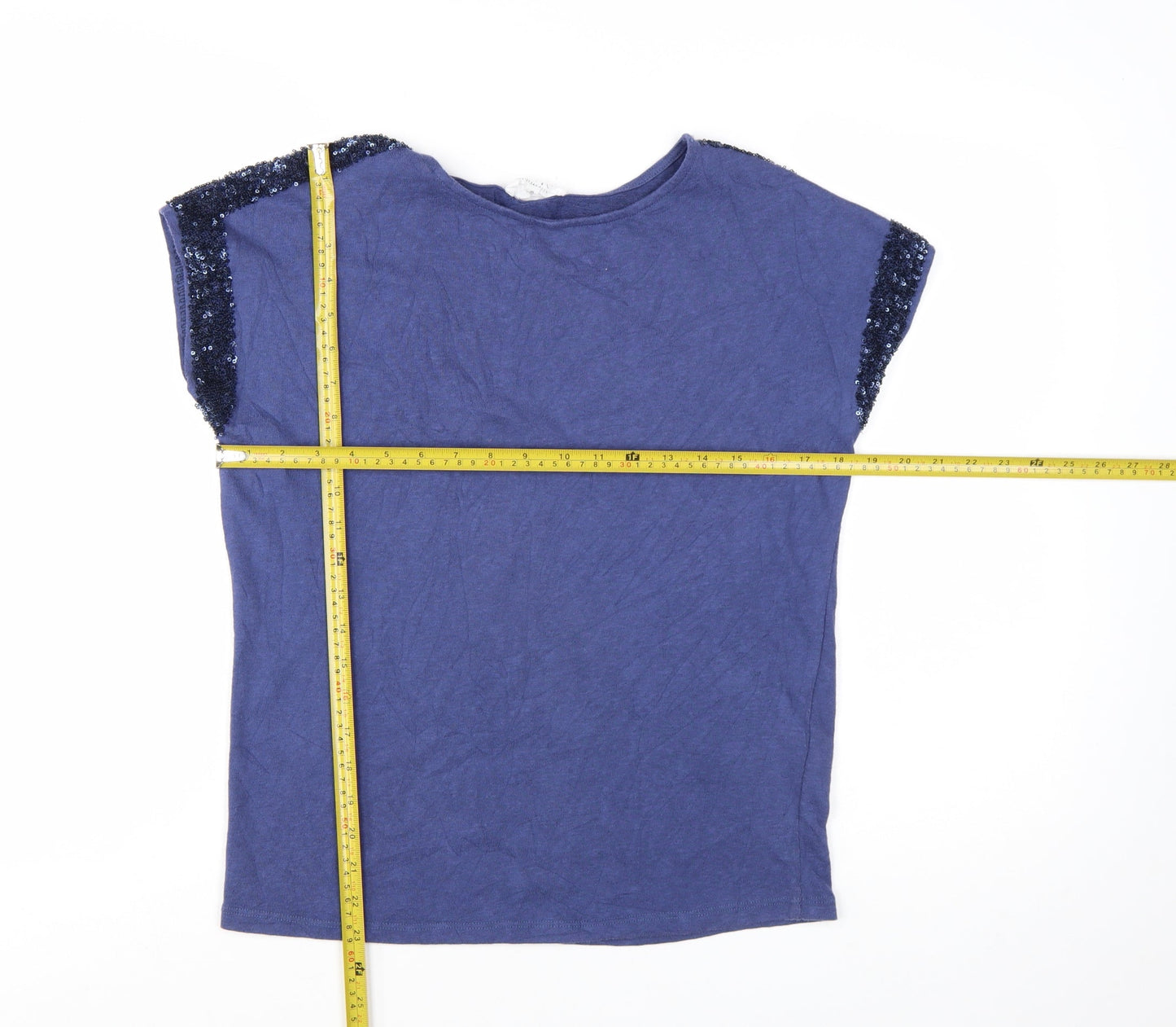 Nine by Savannah Miller Women's Blue Sequin Shoulder Cotton T-Shirt Size 8