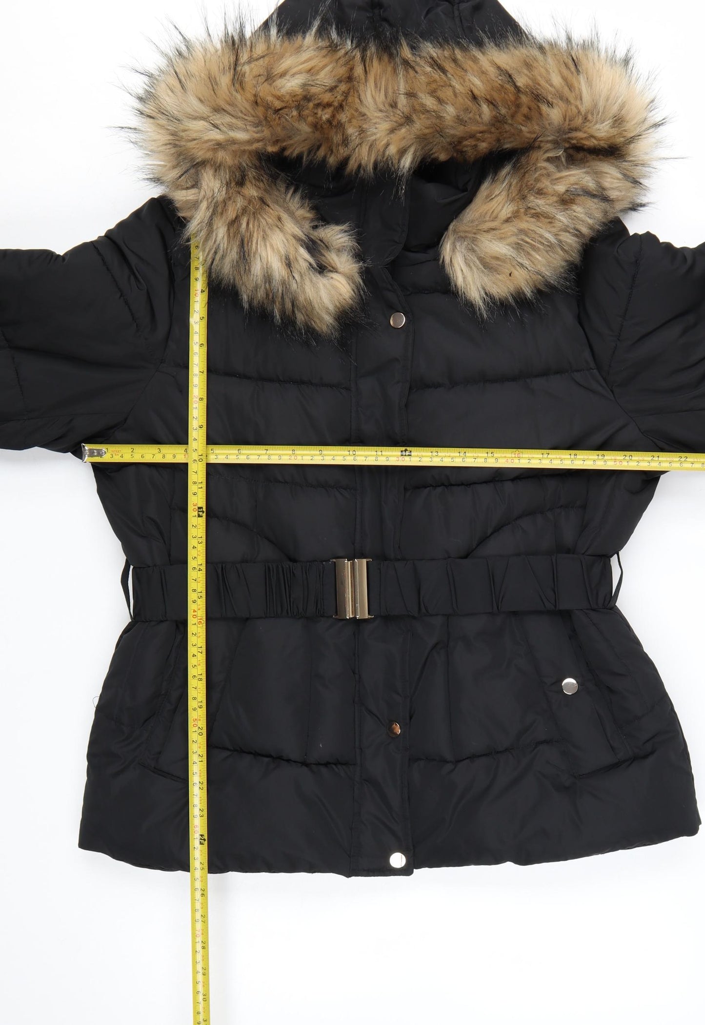 Nutmeg Women's Black Faux Fur Hooded Belted Puffer Jacket Size 16
