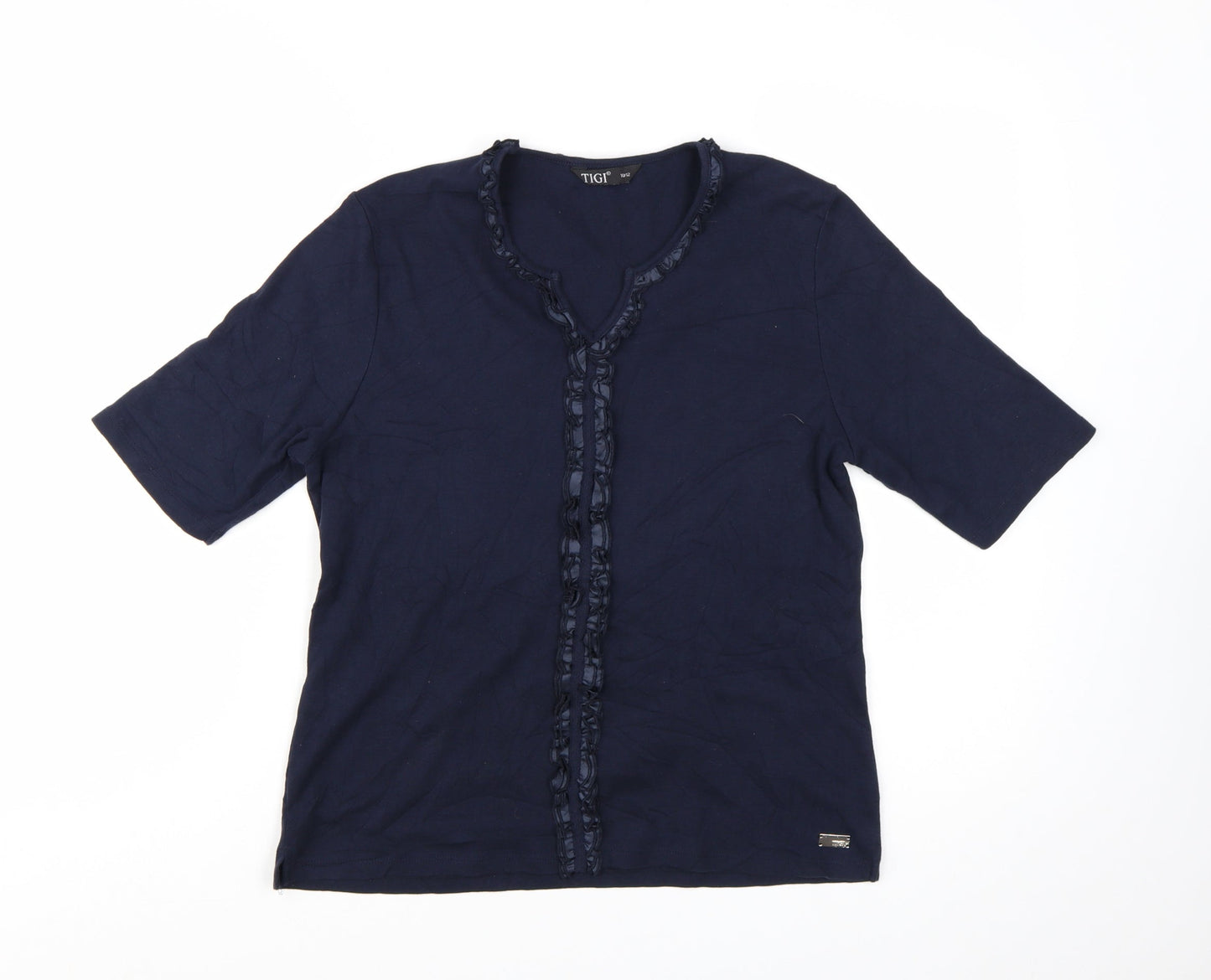 TIGI Women Blue Ruffle Trim Cotton Short Sleeve T-Shirt Size 10/12