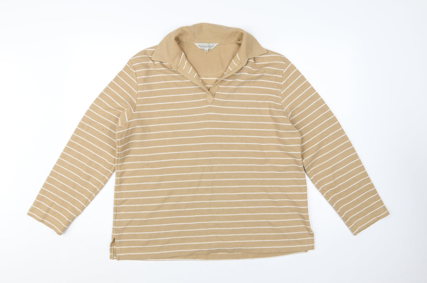 Carolyn Taylor Women Beige Striped Collared Long Sleeve Cotton Blend Top M