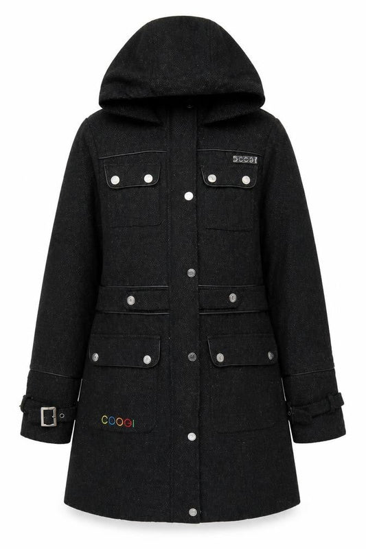 Coogi Women's Black Wool Military Hooded Long Coat Size M