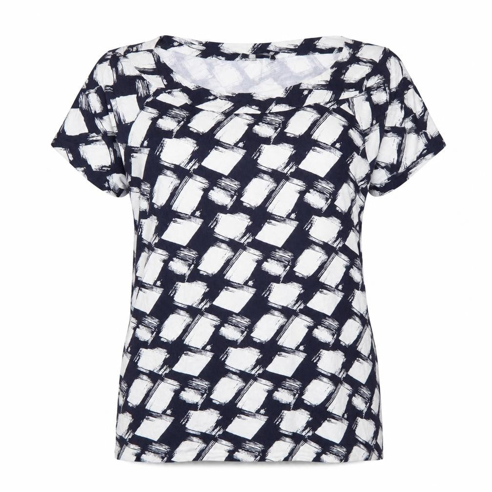 Front view of Roman Women’s Blue White Geometric Jersey Plus, size UK 26, T-Shirt