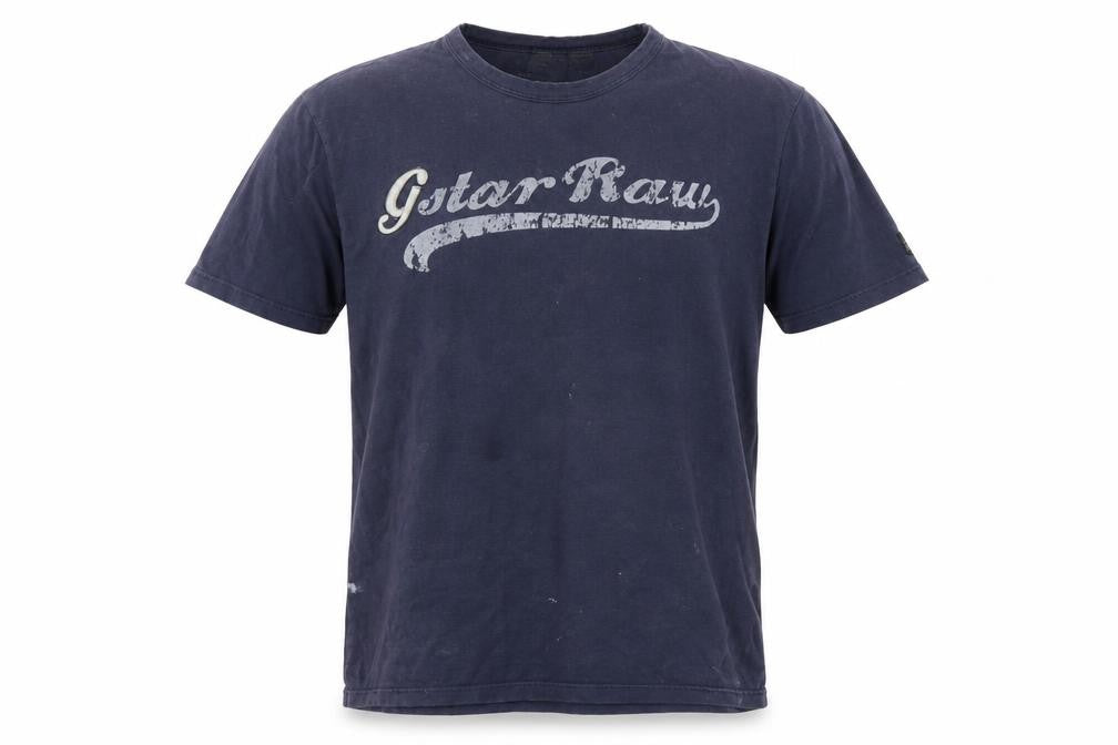 Front view of G-Star RAW Men's Navy Blue Graphic Print Crew Neck T-Shirt, size L