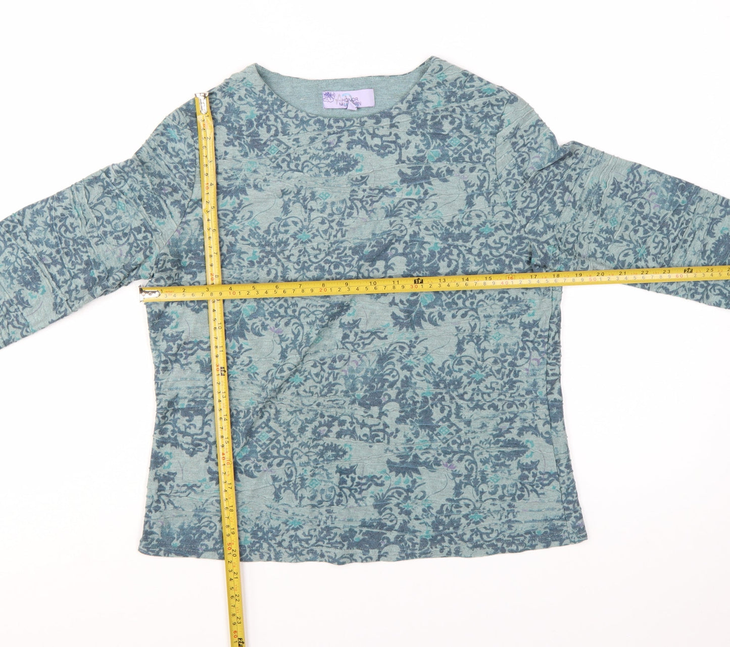 Honor Millburn Womens Blue Floral 3/4 Sleeve Cotton Blend T-Shirt Size 12