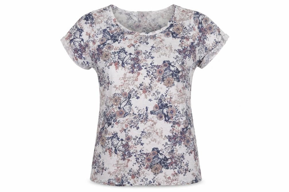 Front view of Dorothy Perkins Women’s Multicoloured Floral Beaded T-Shirt, size UK 12