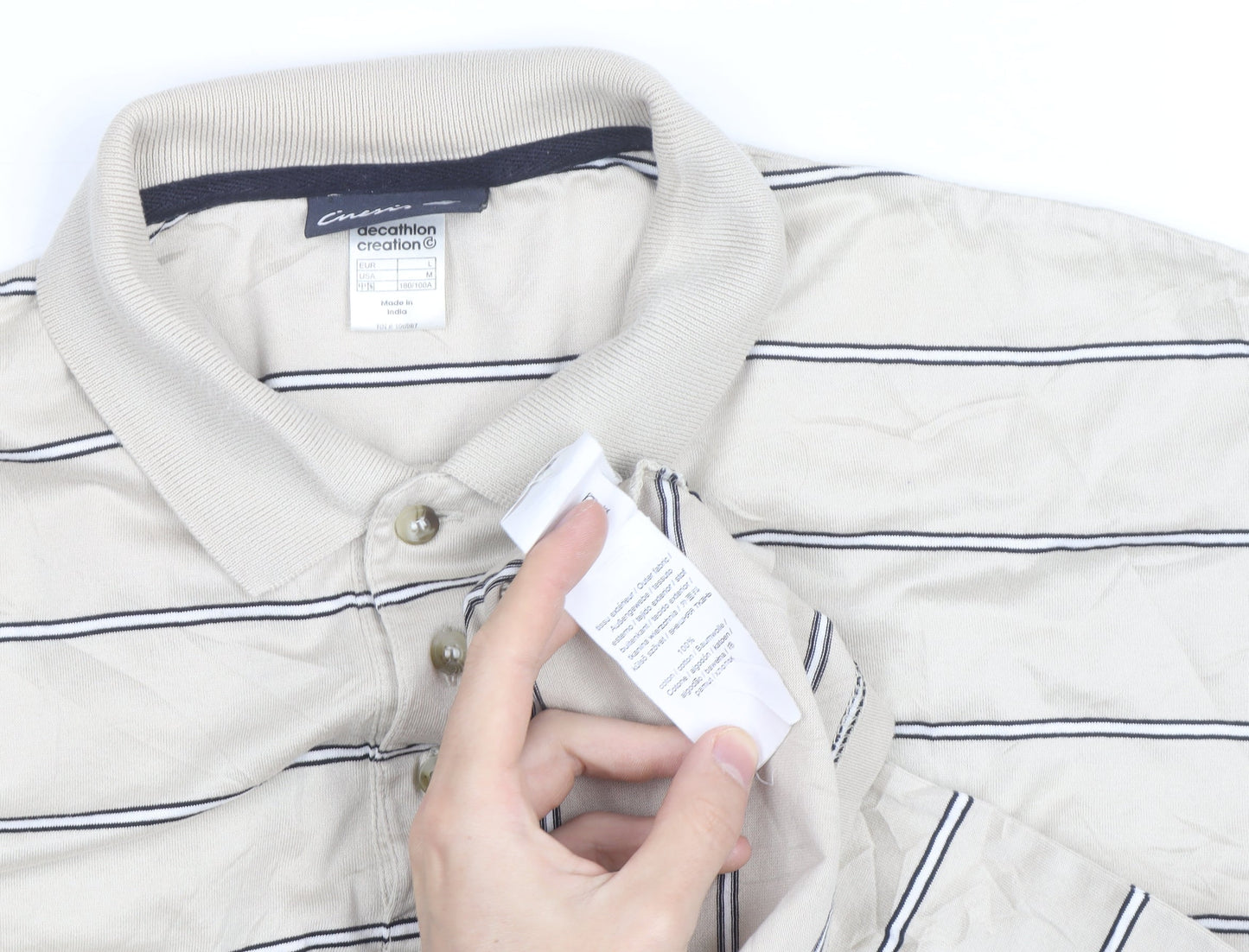 Decathlon Creation Men’s Beige Striped Cotton Polo Shirt Size M