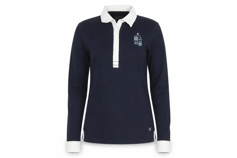 Front view of Crew Clothing women’s blue collared long sleeve polo shirt, size UK 10
