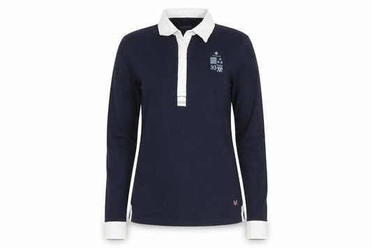 Front view of Crew Clothing women’s blue collared long sleeve polo shirt, size UK 10