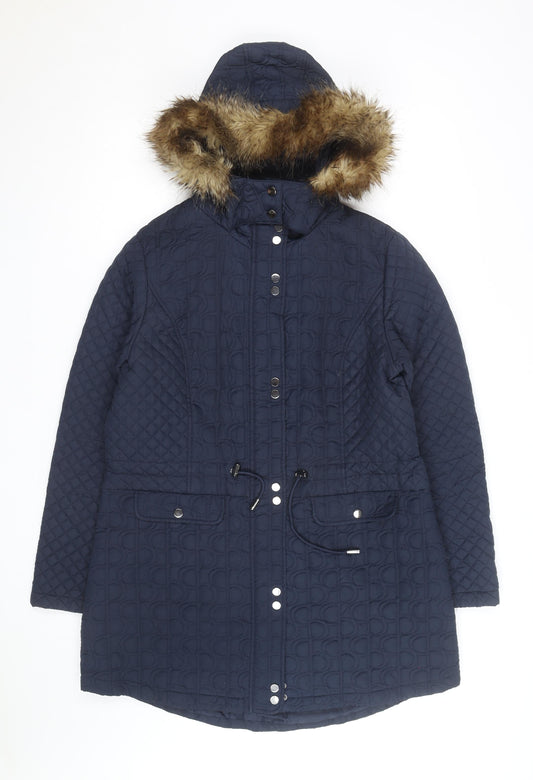 Tu Women's Blue Quilted Faux Fur Hooded Parka Coat Size 16