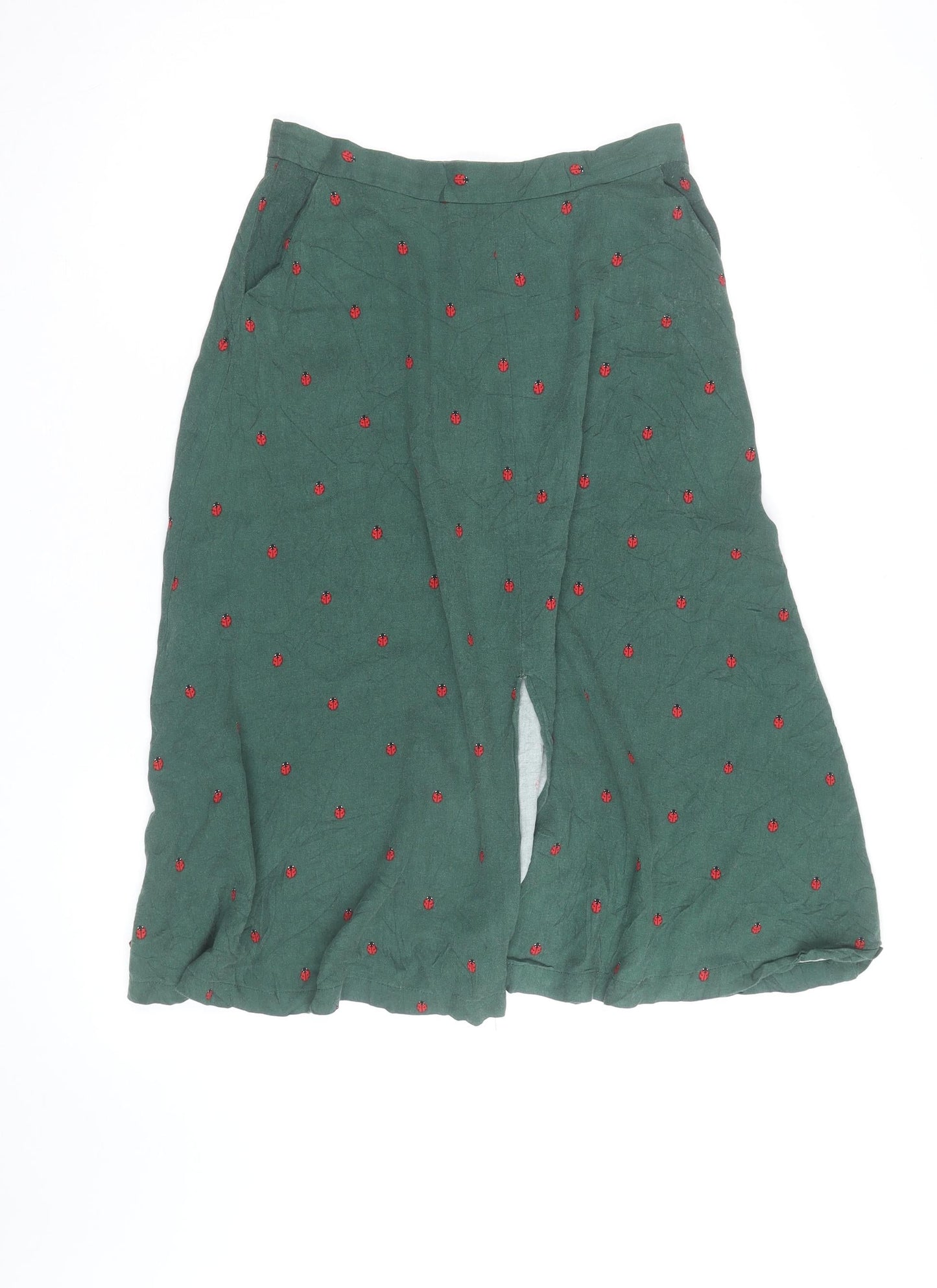 Louche Women’s Green Cotton Midi A-Line Skirt Size 12 Embroidered Ladybird