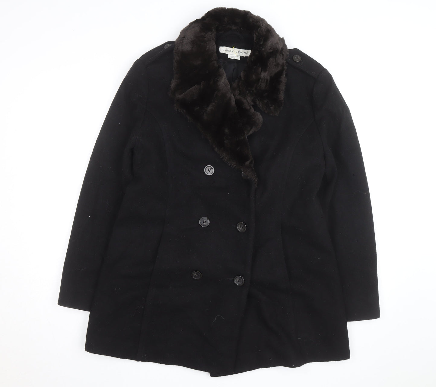Larry Levine Women's Black Wool Blend Pea Coat Size 8 Fur Trim
