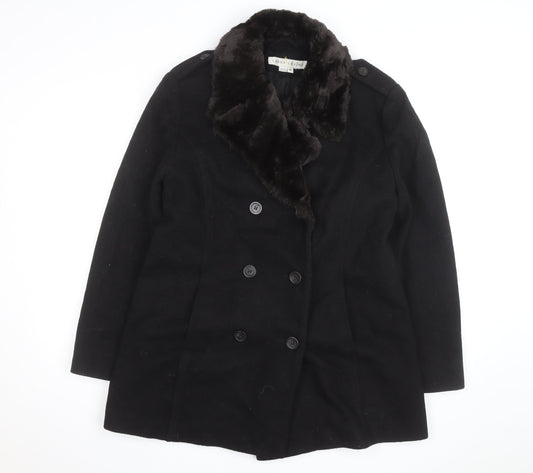Larry Levine Women's Black Wool Blend Pea Coat Size 8 Fur Trim