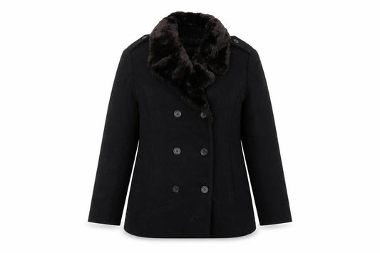 Larry Levine Women's Black Wool Blend Pea Coat Size 8 Fur Trim