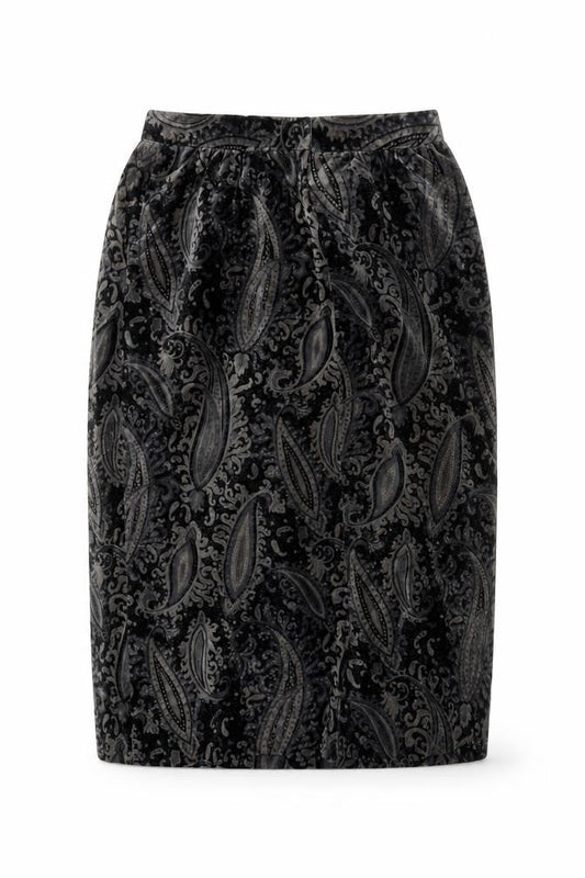 Elegance High Fashion Women's Black Velvet Paisley Midi Skirt M