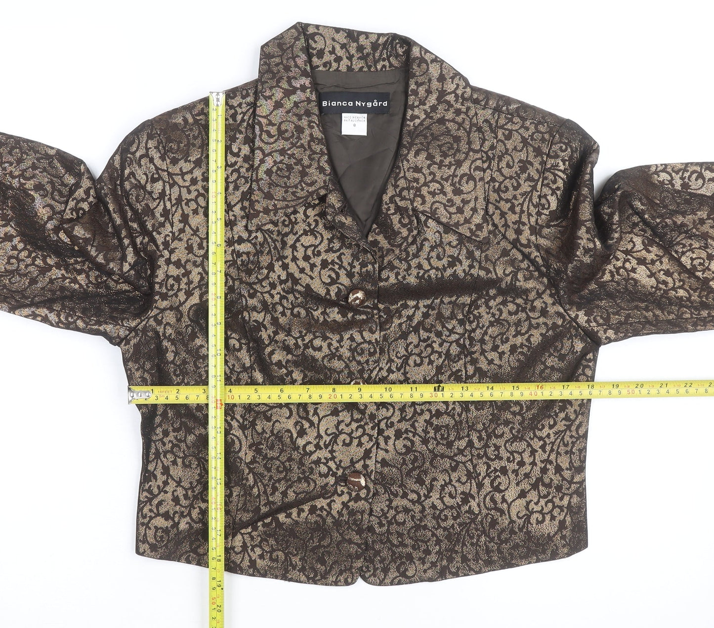 Bianca Nygard Womens Brown Metallic Floral Cropped Blazer Size 8