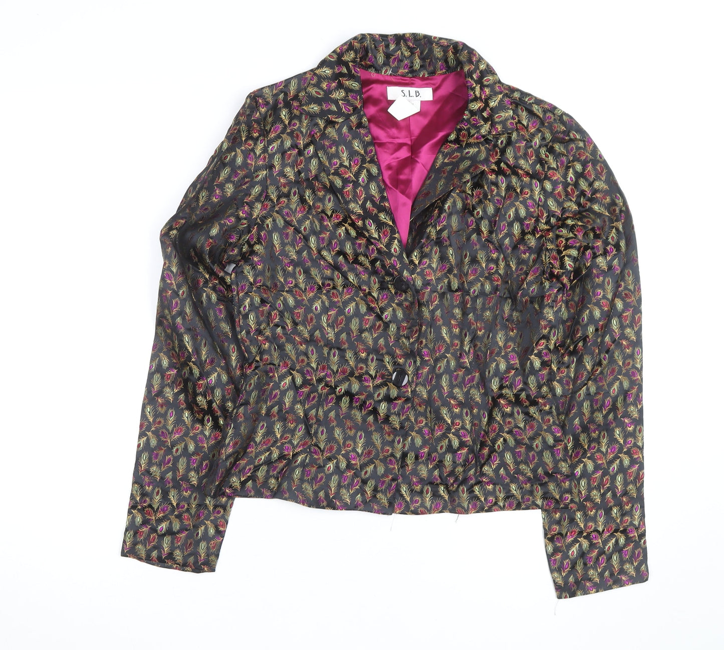 S.L.B. Womens Black Multicoloured Blazer Jacket Size 14 Feather Print