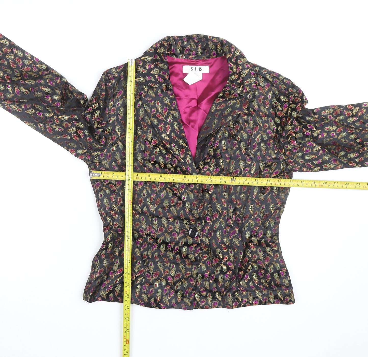 S.L.B. Womens Black Multicoloured Blazer Jacket Size 14 Feather Print